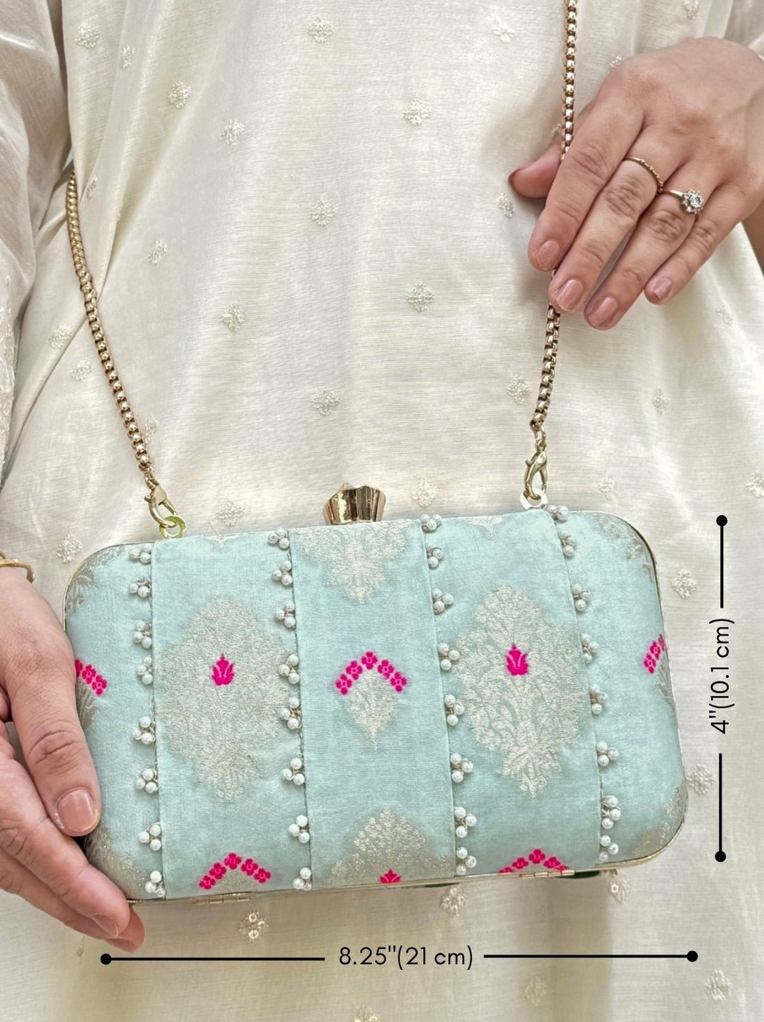 Powder Blue Embroidered Silk Pearl Clutch Amyra - Fabilicious Fashion