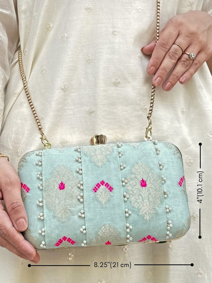 Powder Blue Embroidered Silk Pearl Clutch Amyra - Fabilicious Fashion