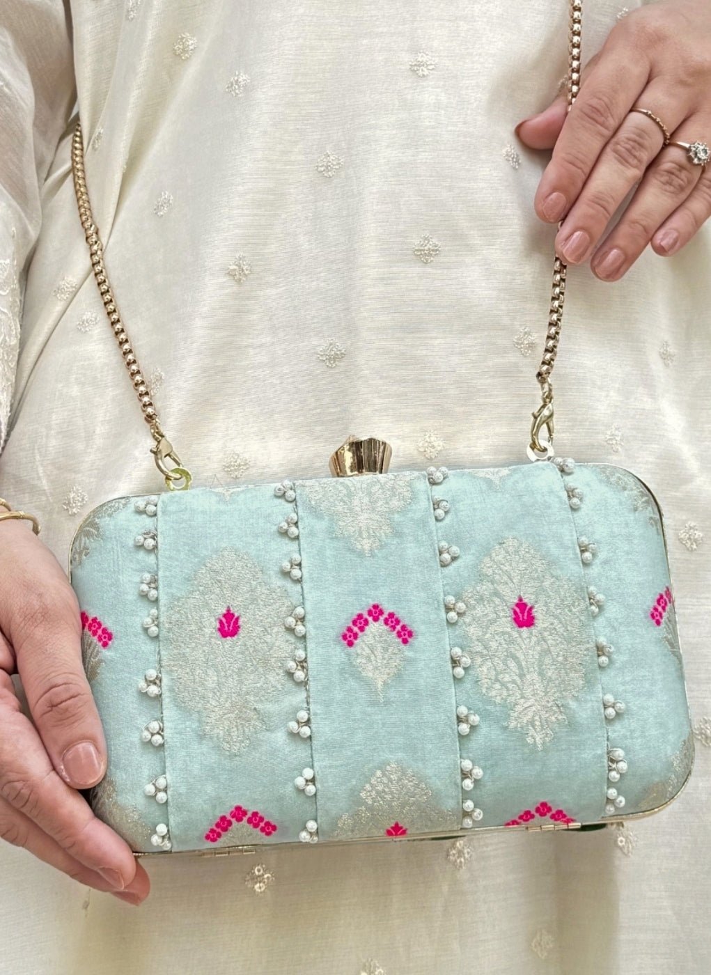 Powder Blue Embroidered Silk Pearl Clutch Amyra - Fabilicious Fashion