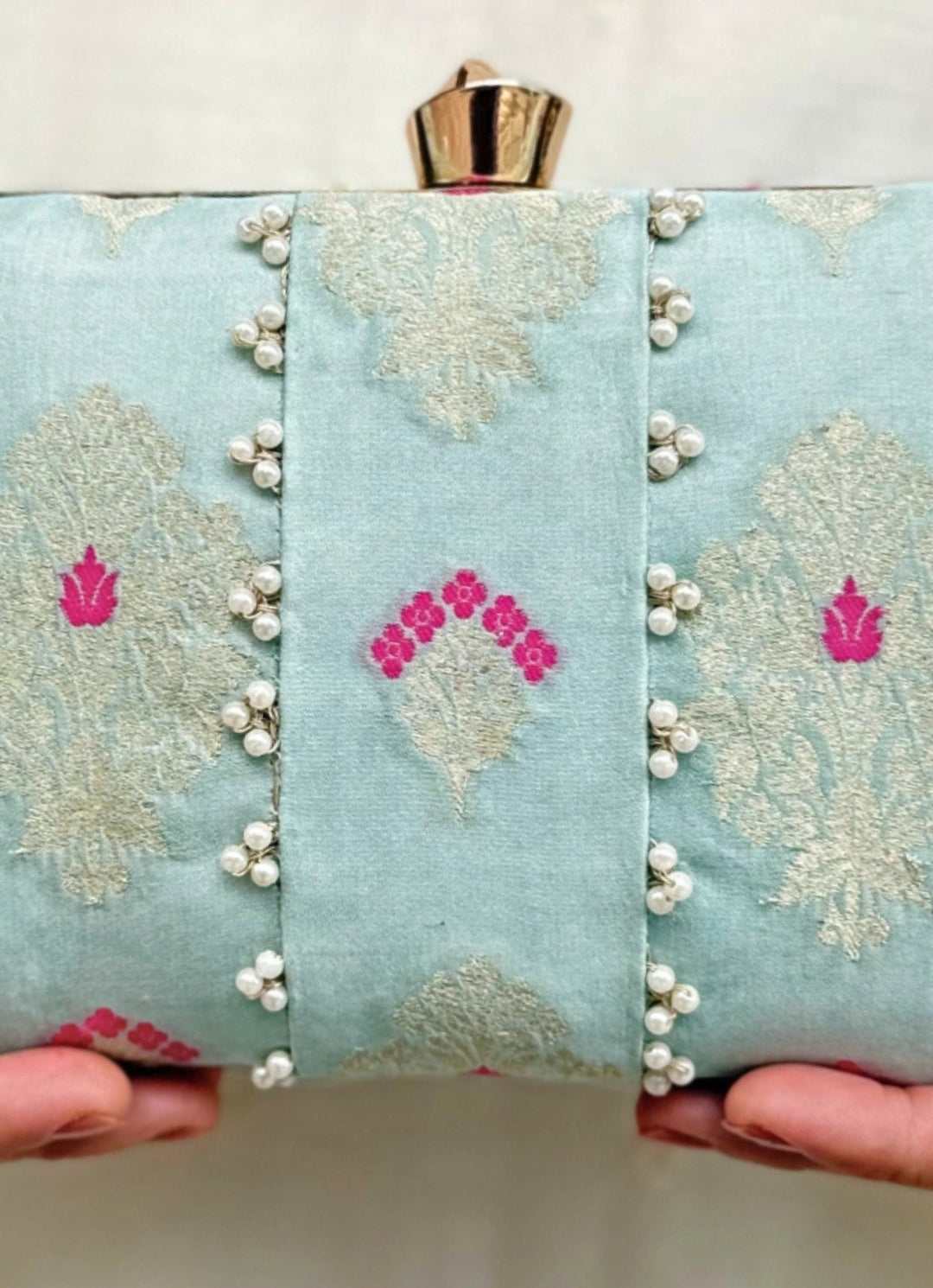 Powder Blue Embroidered Silk Pearl Clutch Amyra - Fabilicious Fashion