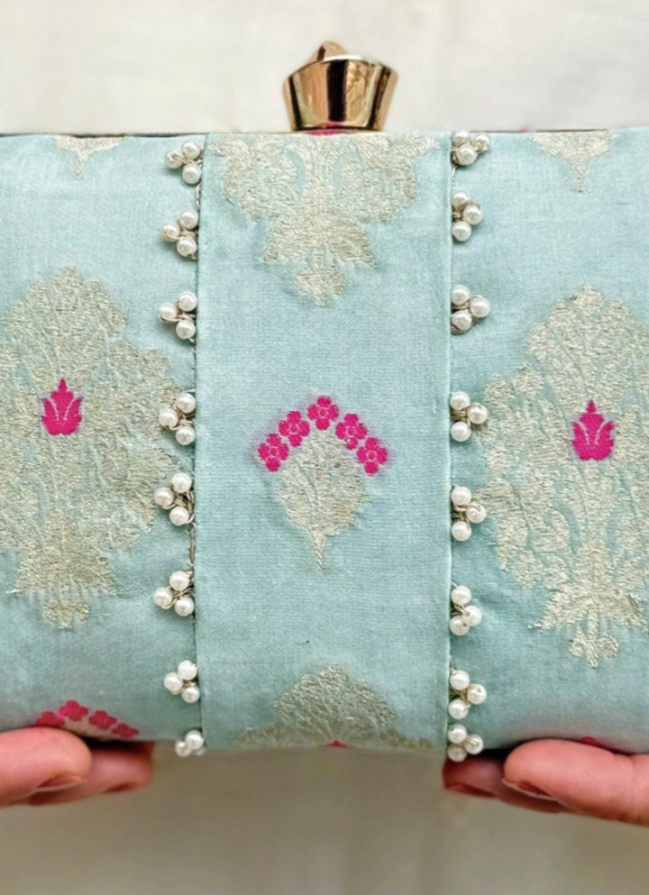 Powder Blue Embroidered Silk Pearl Clutch Amyra - Fabilicious Fashion