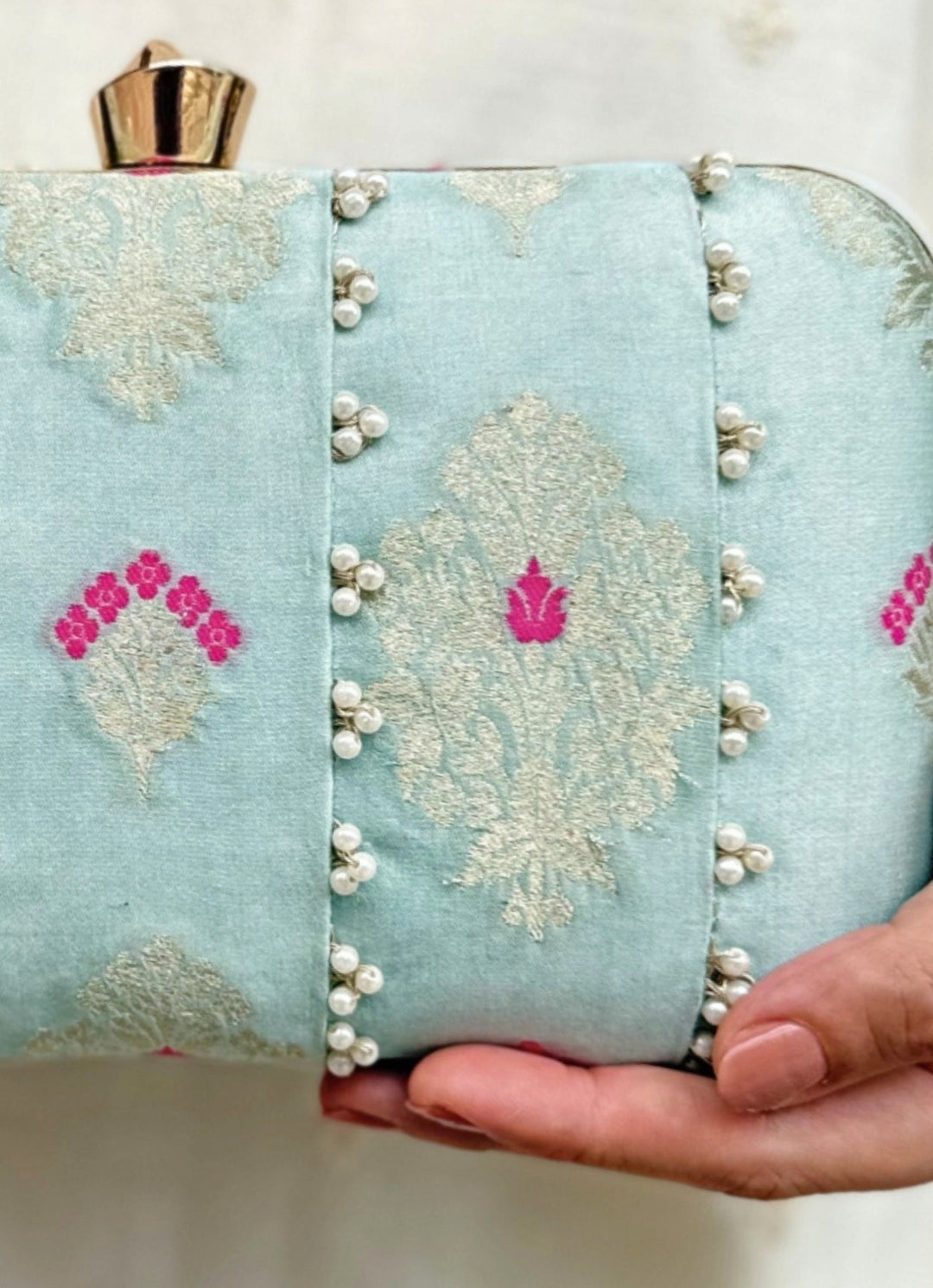 Powder Blue Embroidered Silk Pearl Clutch Amyra - Fabilicious Fashion