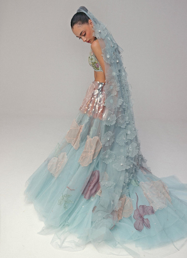 The Little Black Bow Powder Blue Floral Soft Net Bridal Lehenga SetFabilicious Fashion