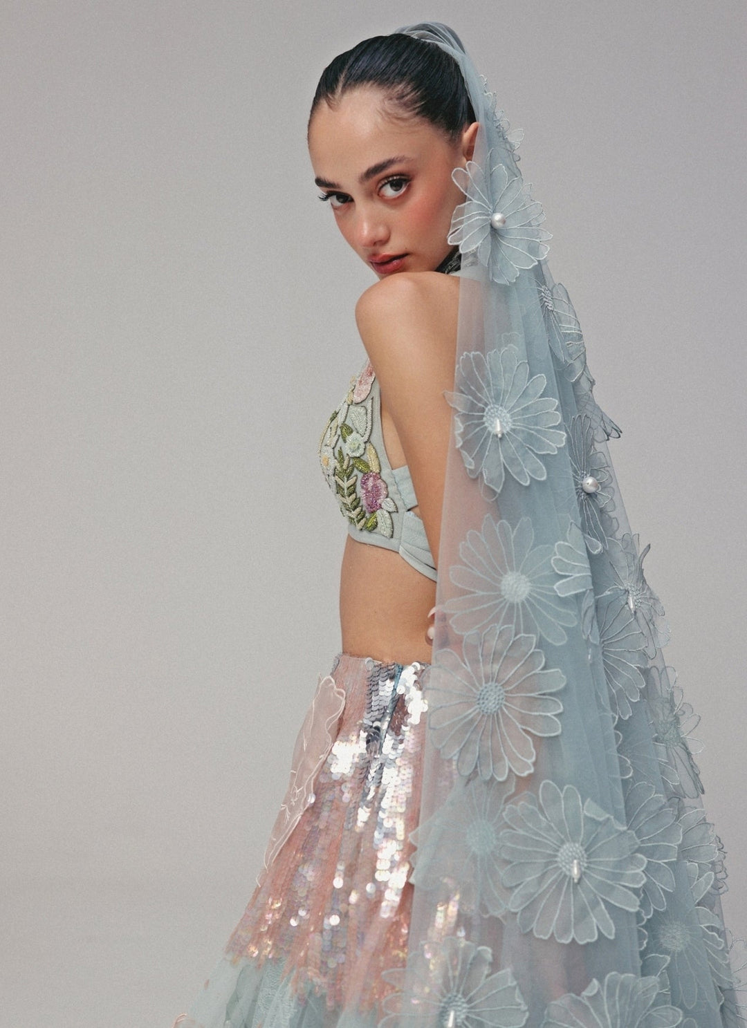 The Little Black Bow Powder Blue Floral Soft Net Bridal Lehenga SetFabilicious Fashion