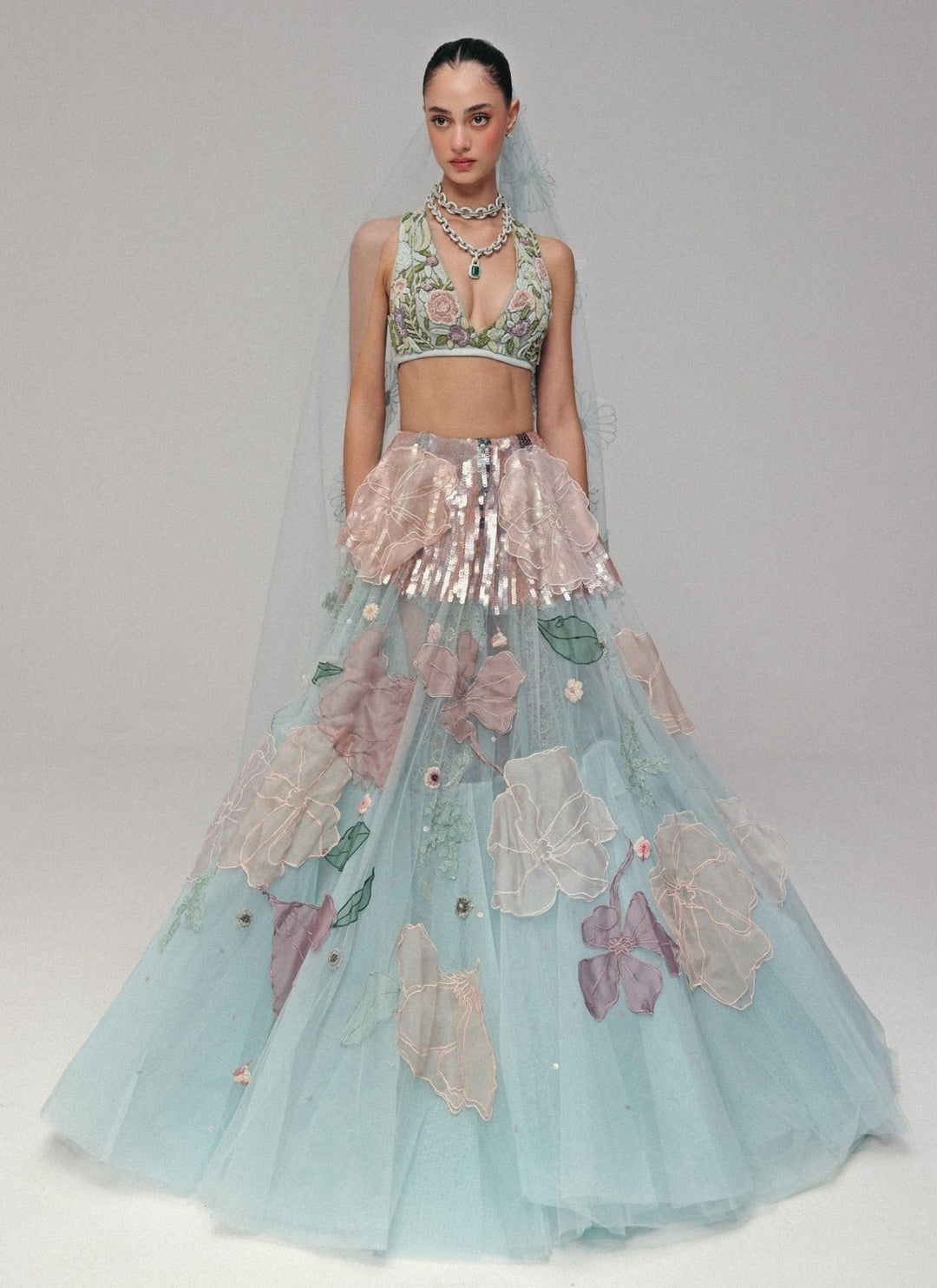 The Little Black Bow Powder Blue Floral Soft Net Bridal Lehenga SetFabilicious Fashion