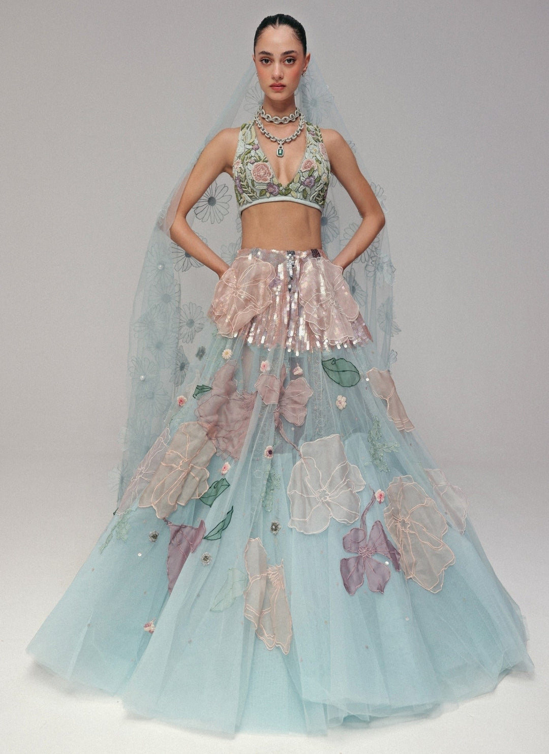 The Little Black Bow Powder Blue Floral Soft Net Bridal Lehenga SetFabilicious Fashion