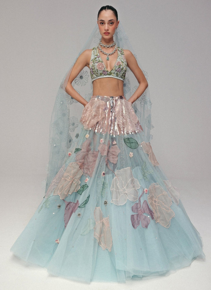The Little Black Bow Powder Blue Floral Soft Net Bridal Lehenga SetFabilicious Fashion