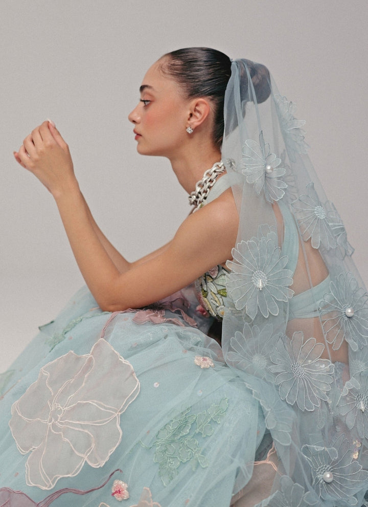 The Little Black Bow Powder Blue Floral Soft Net Bridal Lehenga SetFabilicious Fashion
