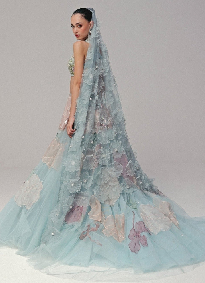 The Little Black Bow Powder Blue Floral Soft Net Bridal Lehenga SetFabilicious Fashion