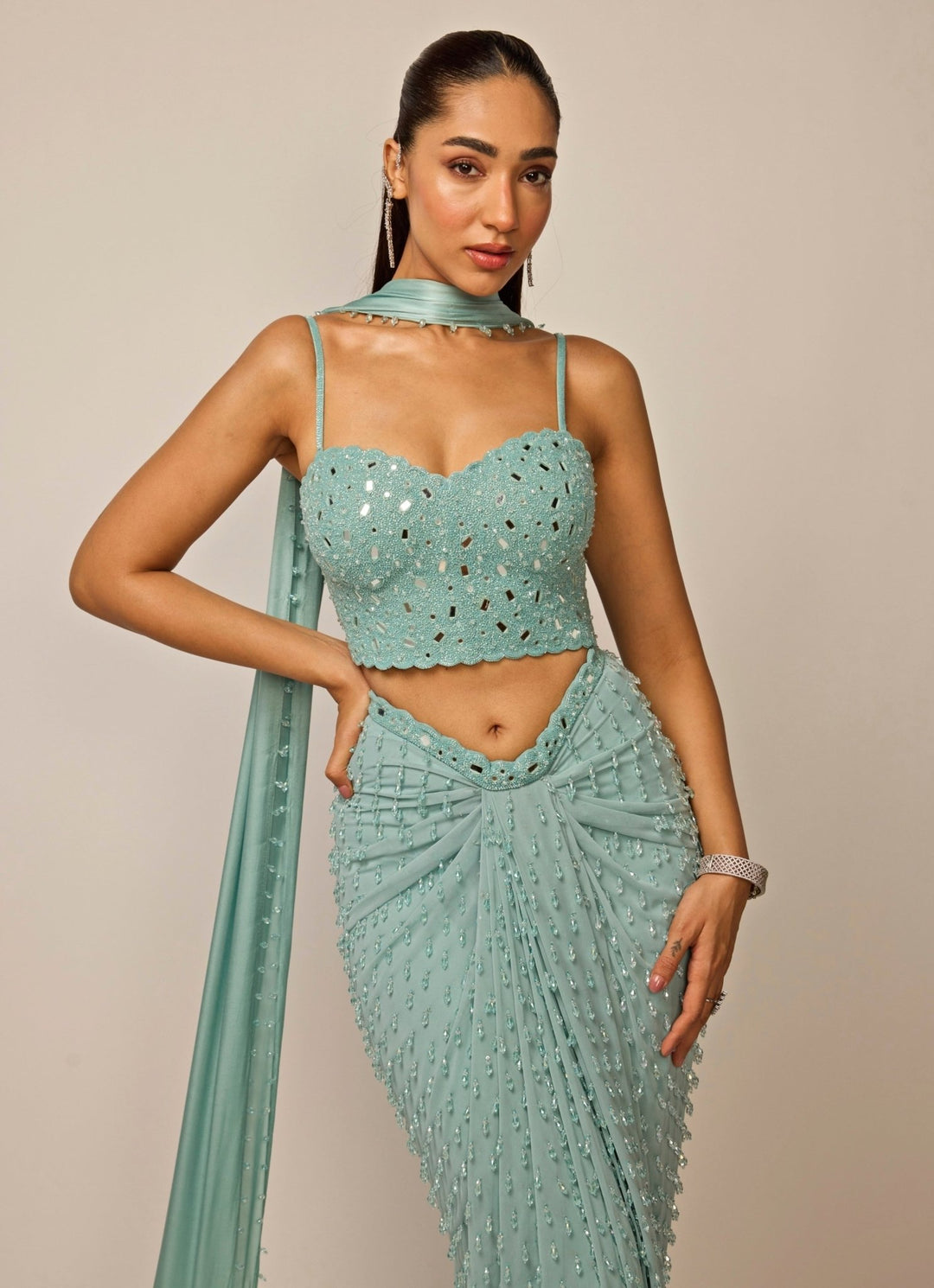 Vvani by Vani Vats Powder Blue Georgette Draped Skirt SetFabilicious Fashion