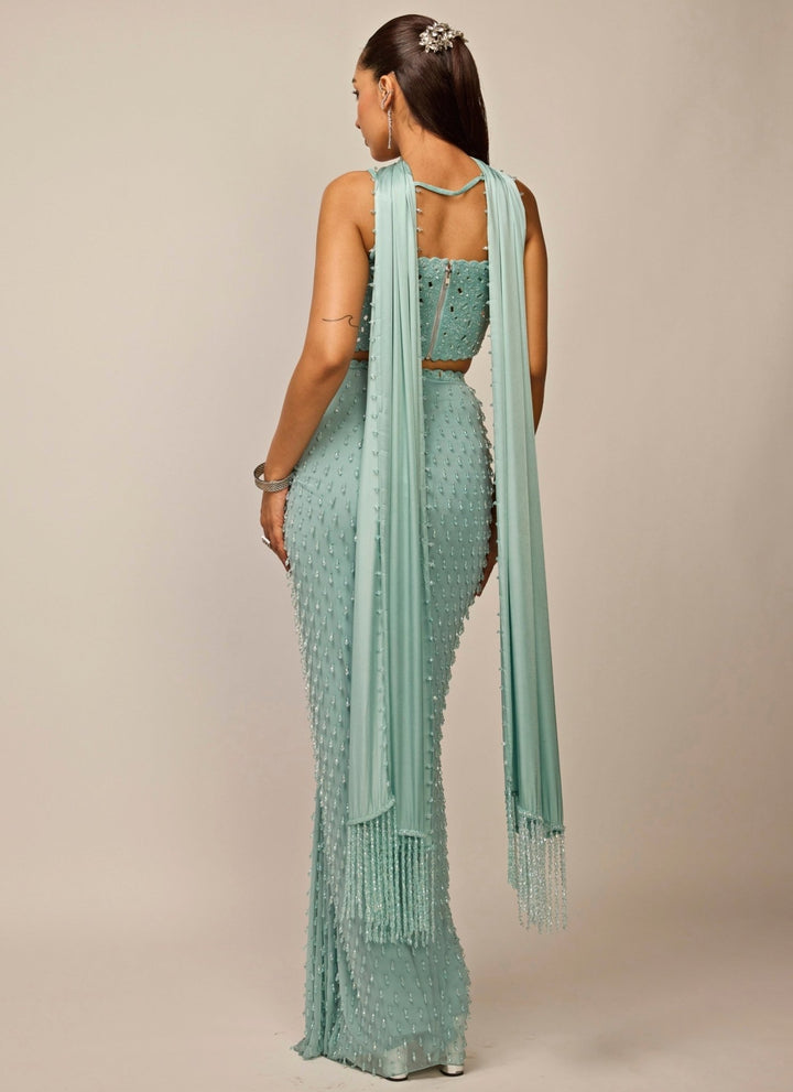 Vvani by Vani Vats Powder Blue Georgette Draped Skirt SetFabilicious Fashion