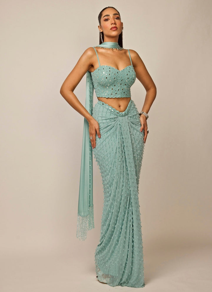 Vvani by Vani Vats Powder Blue Georgette Draped Skirt SetFabilicious Fashion