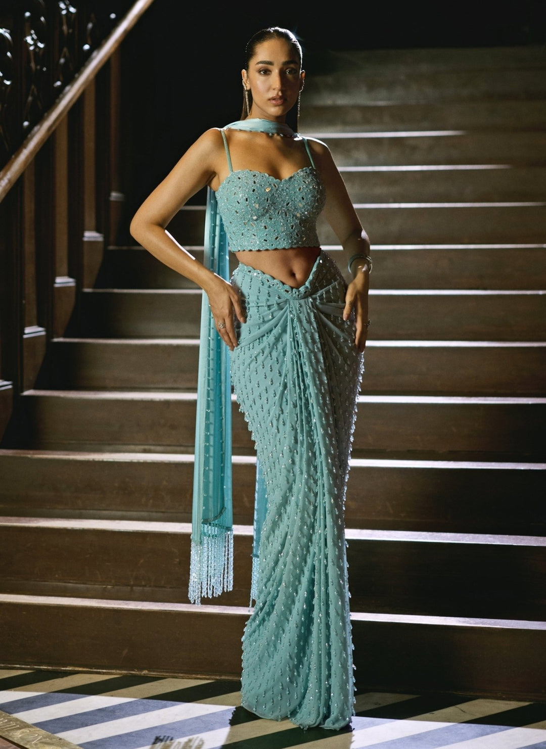 Vvani by Vani Vats Powder Blue Georgette Draped Skirt SetFabilicious Fashion