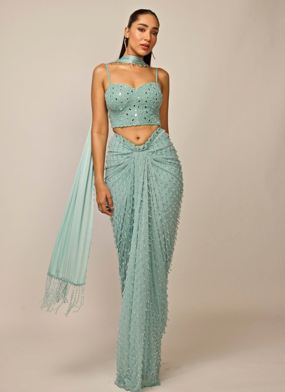 Vvani by Vani Vats Powder Blue Georgette Draped Skirt SetFabilicious Fashion