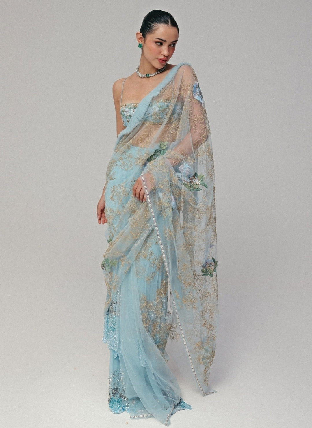 The Little Black Bow Powder Blue Georgette Silk Pre-Draped SareeFabilicious Fashion