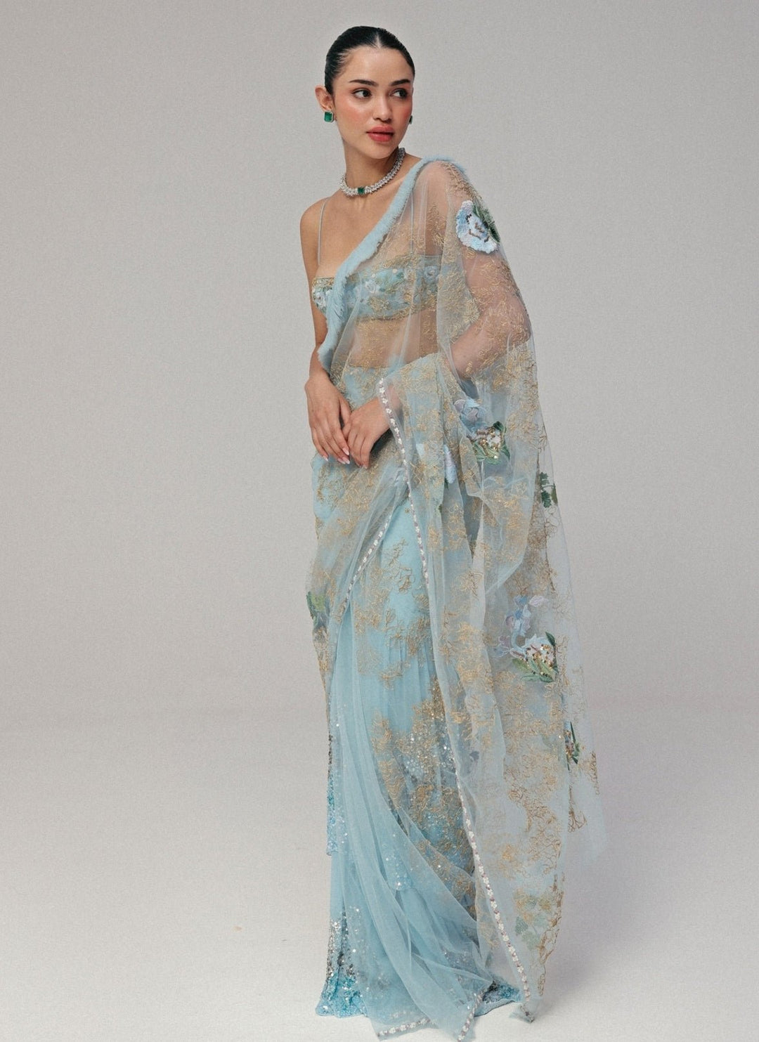 The Little Black Bow Powder Blue Georgette Silk Pre-Draped SareeFabilicious Fashion