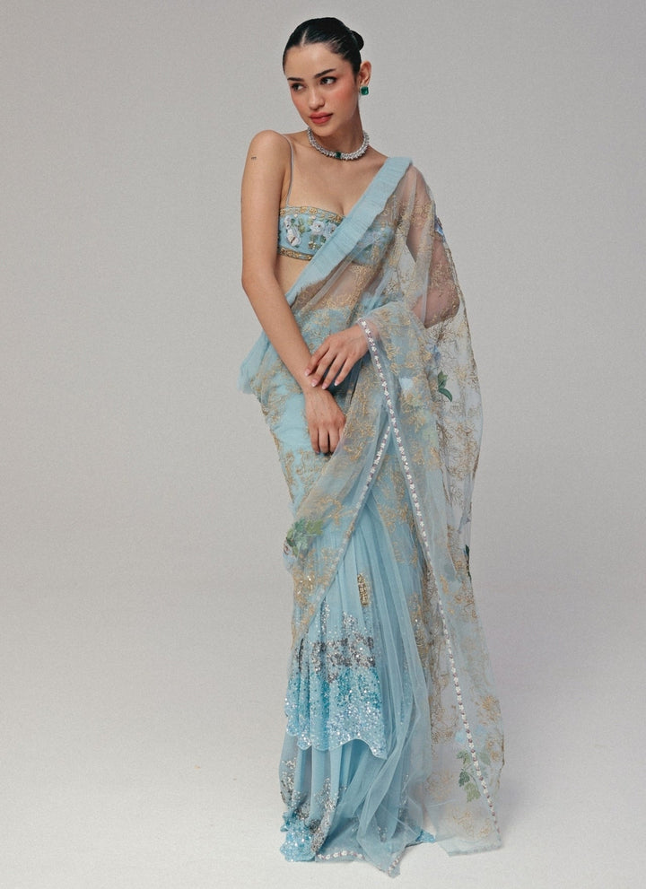 The Little Black Bow Powder Blue Georgette Silk Pre-Draped SareeFabilicious Fashion