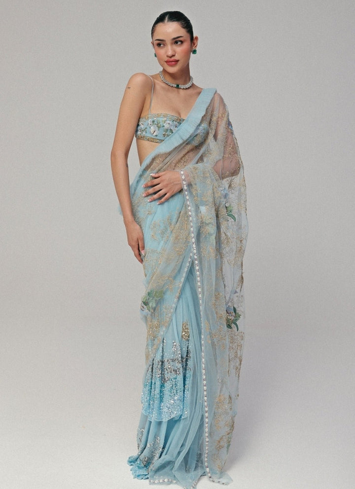 The Little Black Bow Powder Blue Georgette Silk Pre-Draped SareeFabilicious Fashion