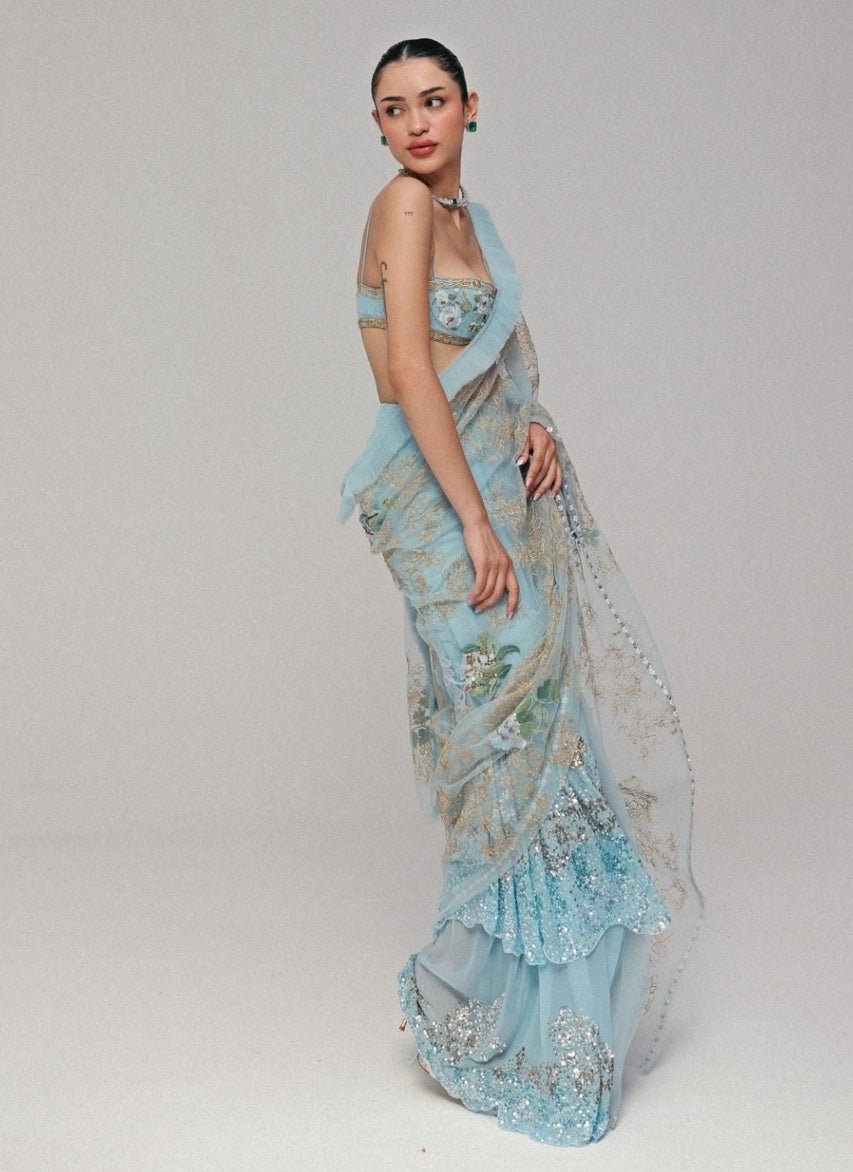 The Little Black Bow Powder Blue Georgette Silk Pre-Draped SareeFabilicious Fashion