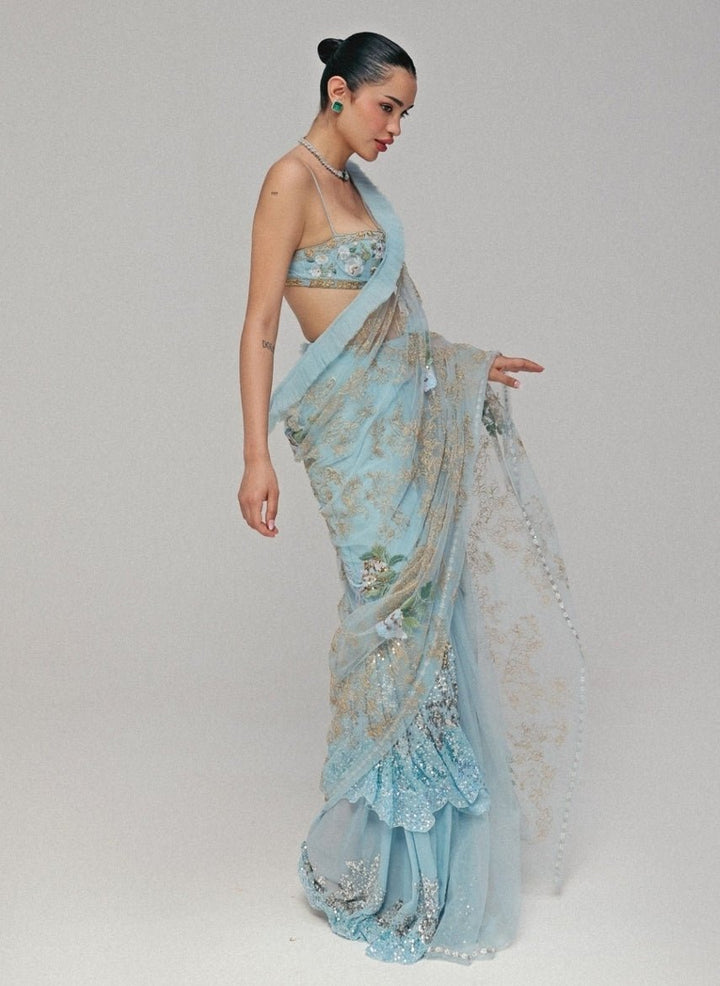 The Little Black Bow Powder Blue Georgette Silk Pre-Draped SareeFabilicious Fashion