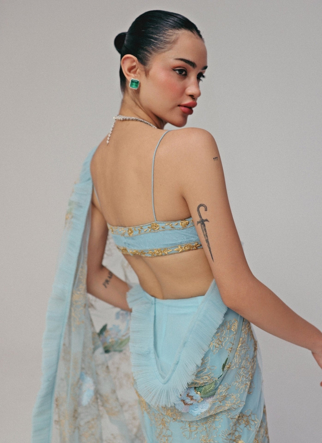 The Little Black Bow Powder Blue Georgette Silk Pre-Draped SareeFabilicious Fashion