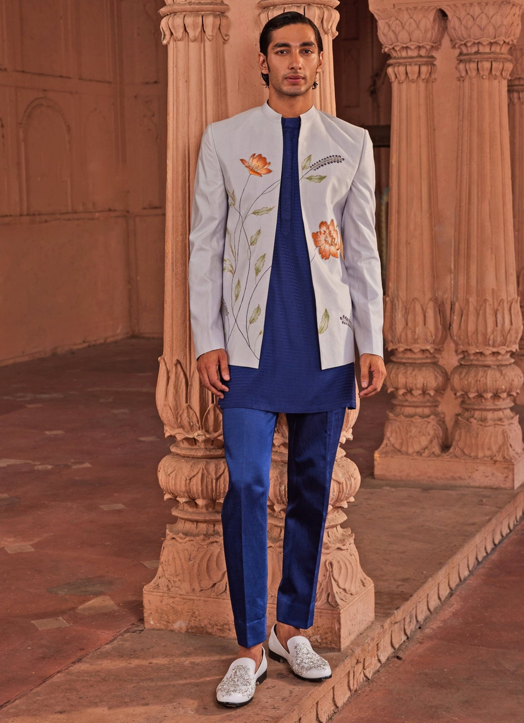 Powder Blue Hand - Painted Embroidered Jacket Set Contrast By Parth - Fabilicious Fashion