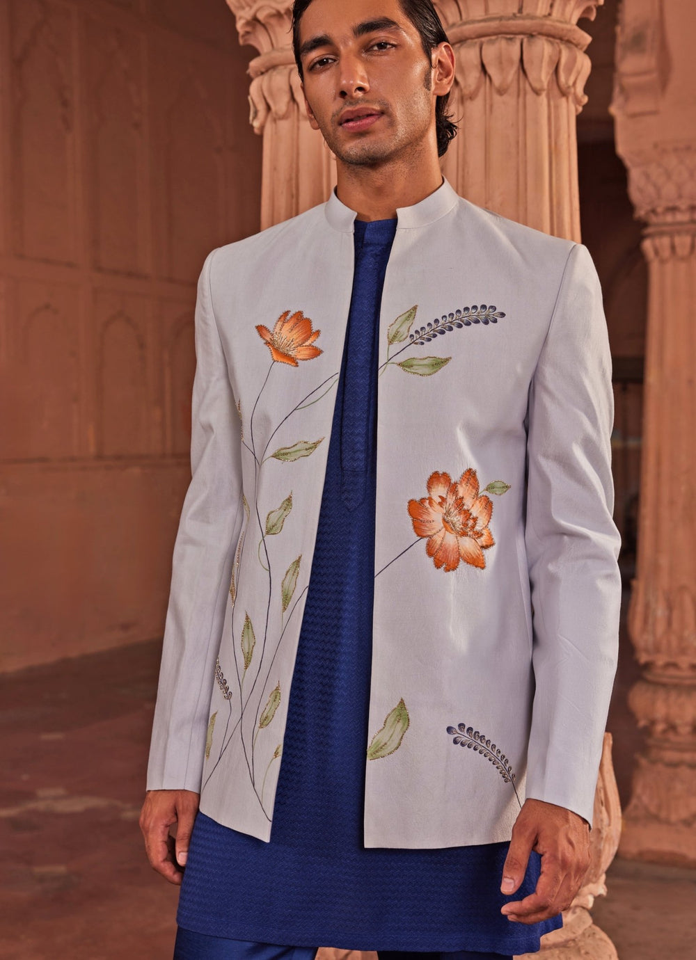 Powder Blue Hand - Painted Embroidered Jacket Set Contrast By Parth - Fabilicious Fashion