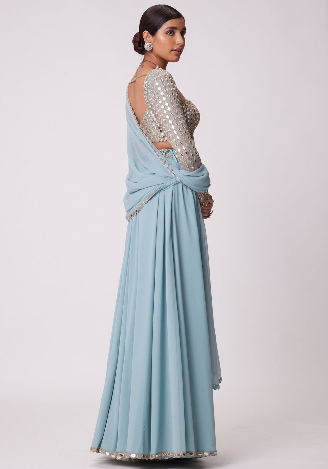 Powder Blue Lehenga Pants With Full Sleeves Blouse Vvani by Vani Vats - Fabilicious Fashion