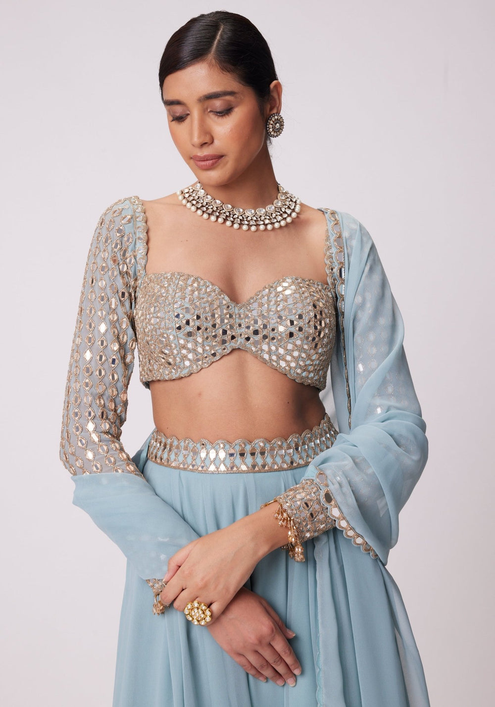 Powder Blue Lehenga Pants With Full Sleeves Blouse Vvani by Vani Vats - Fabilicious Fashion