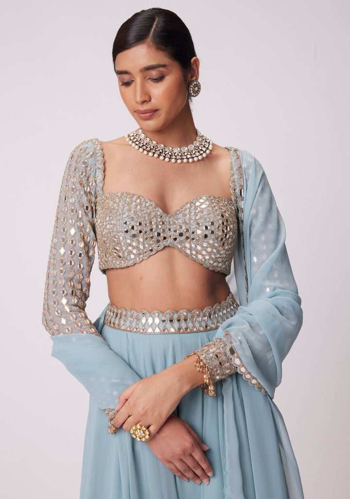 Powder Blue Lehenga Pants With Full Sleeves Blouse Vvani by Vani Vats - Fabilicious Fashion