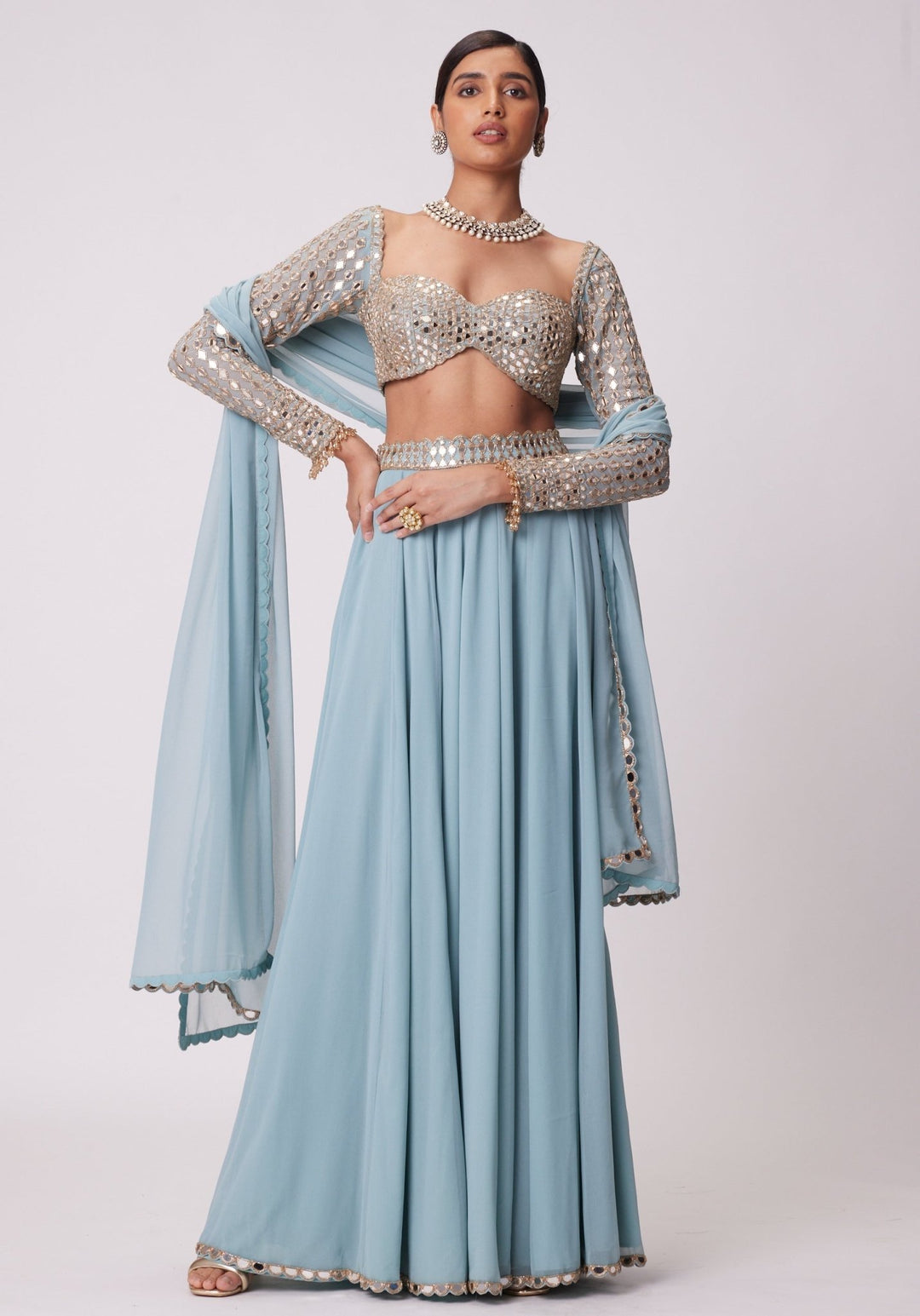Powder Blue Lehenga Pants With Full Sleeves Blouse Vvani by Vani Vats - Fabilicious Fashion
