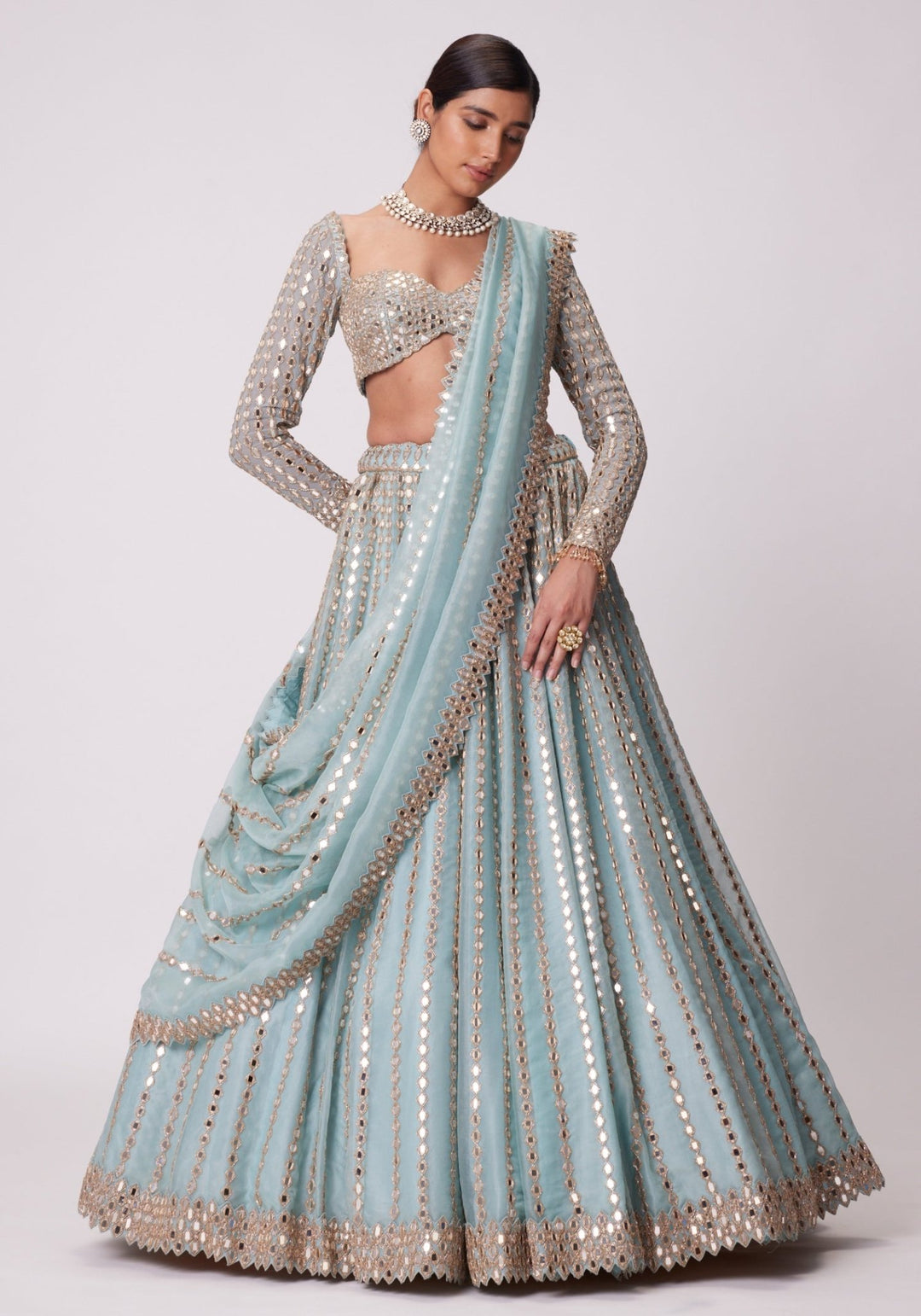 Powder Blue Linear Lehenga With Embroidered Full Sleeves Blouse Vvani by Vani Vats - Fabilicious Fashion
