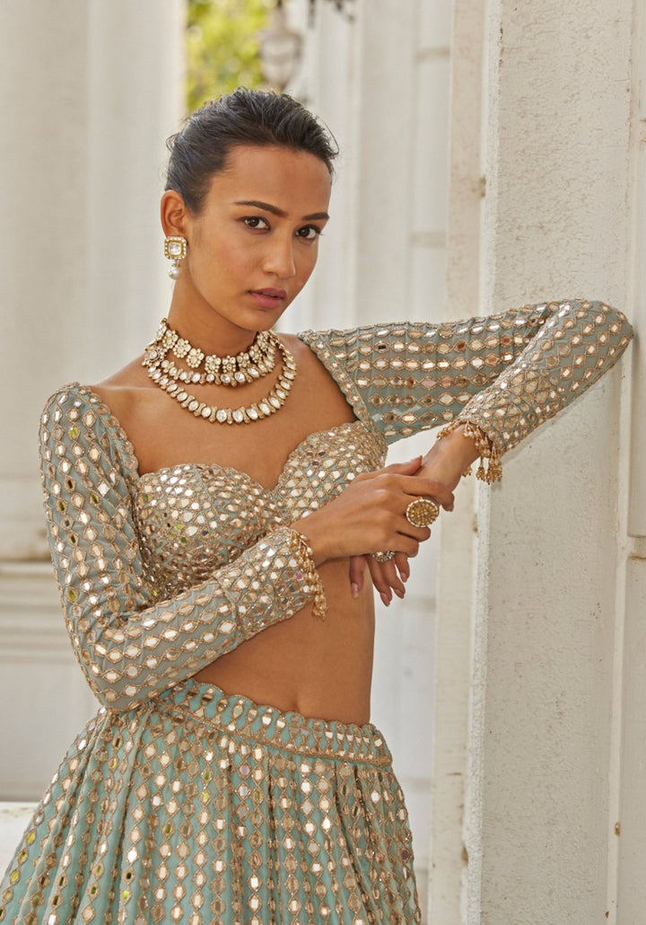 Powder Blue Linear Lehenga With Embroidered Full Sleeves Blouse Vvani by Vani Vats - Fabilicious Fashion