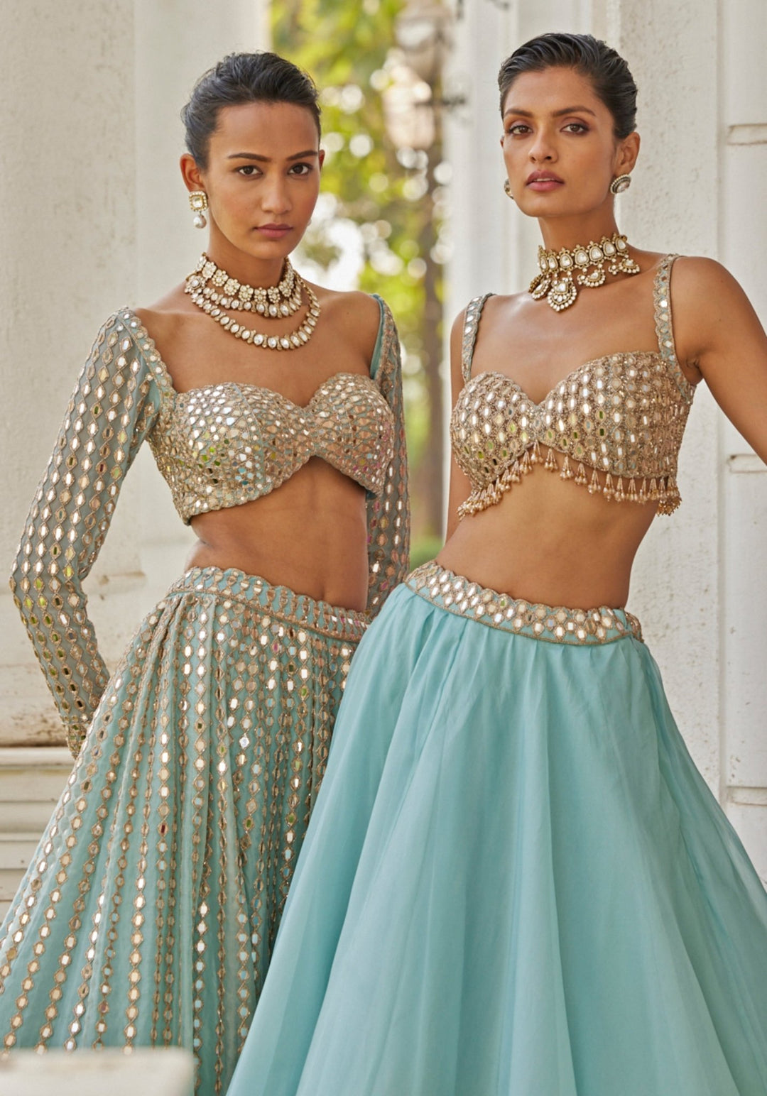 Powder Blue Linear Lehenga With Embroidered Full Sleeves Blouse Vvani by Vani Vats - Fabilicious Fashion