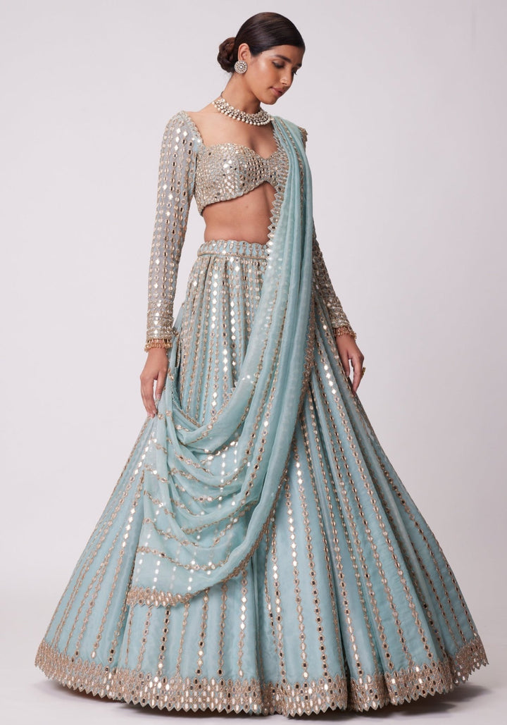 Powder Blue Linear Lehenga With Embroidered Full Sleeves Blouse Vvani by Vani Vats - Fabilicious Fashion