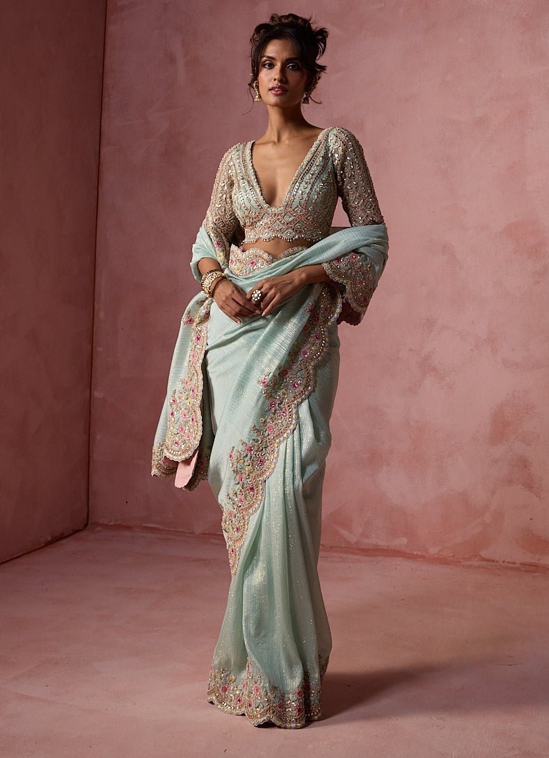 Powder blue georgette saree — modern mother of the bride outfit with structured blouse