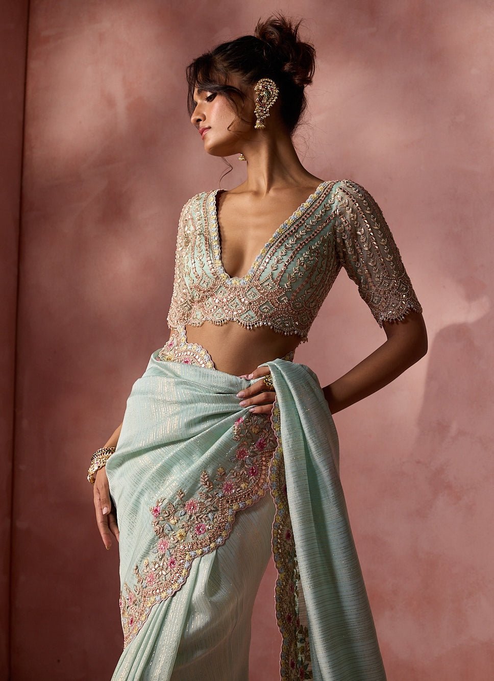 Powder Blue Lurex Georgette Saree Nitika Gujral - Fabilicious Fashion