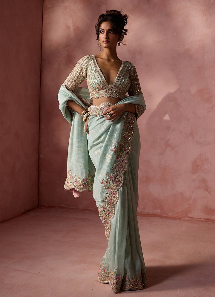 Powder Blue Lurex Georgette Saree Nitika Gujral - Fabilicious Fashion