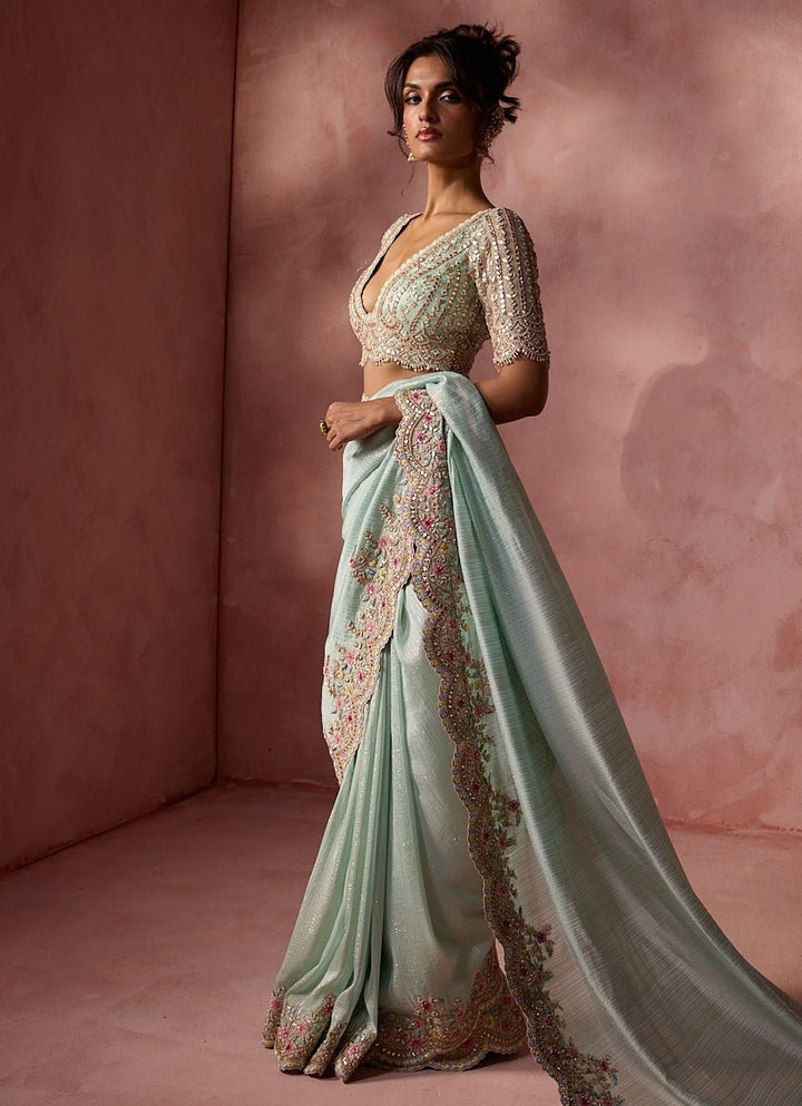 Powder Blue Lurex Georgette Saree Nitika Gujral - Fabilicious Fashion