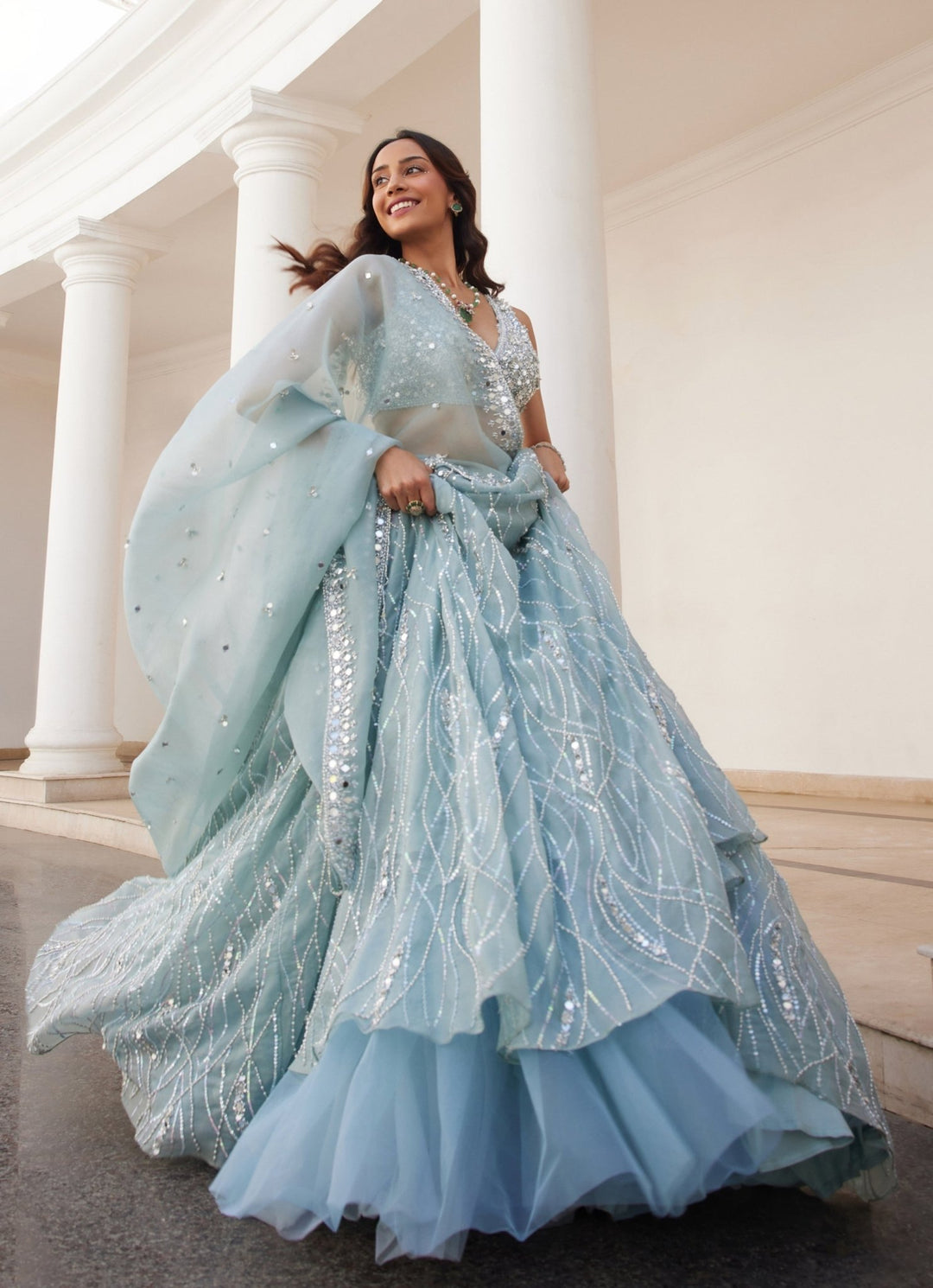 Powder Blue Mirror Embroidered Pure Silk Organza Lehenga Set Sanya Gulati - Fabilicious Fashion