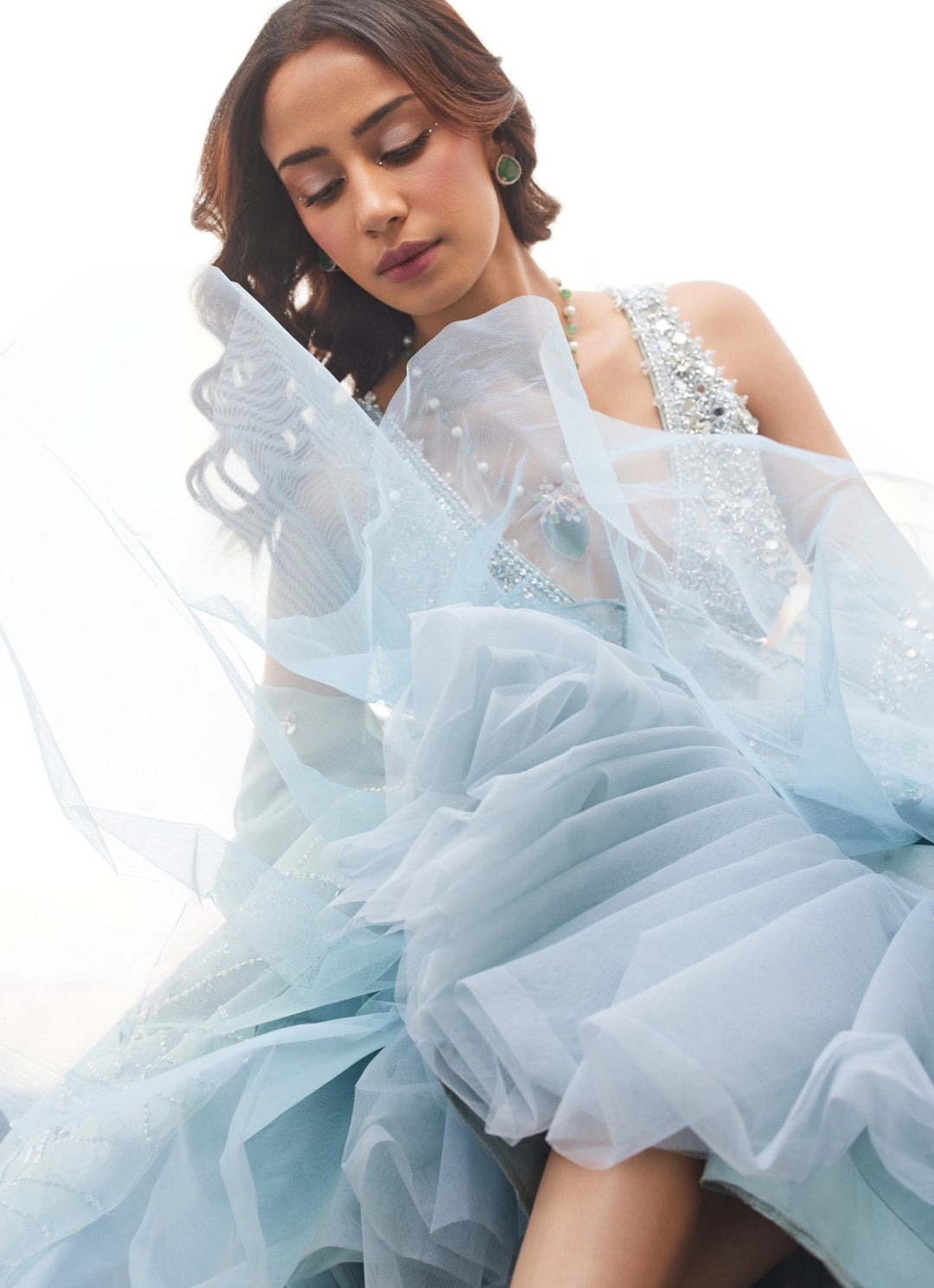 Powder Blue Mirror Embroidered Pure Silk Organza Lehenga Set Sanya Gulati - Fabilicious Fashion