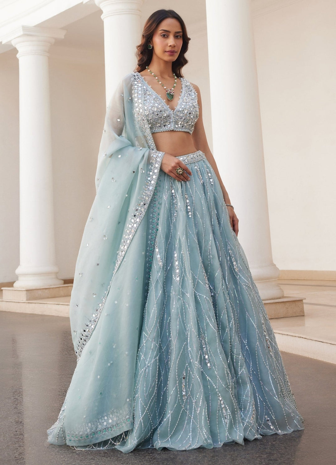 Powder Blue Mirror Embroidered Pure Silk Organza Lehenga Set Sanya Gulati - Fabilicious Fashion
