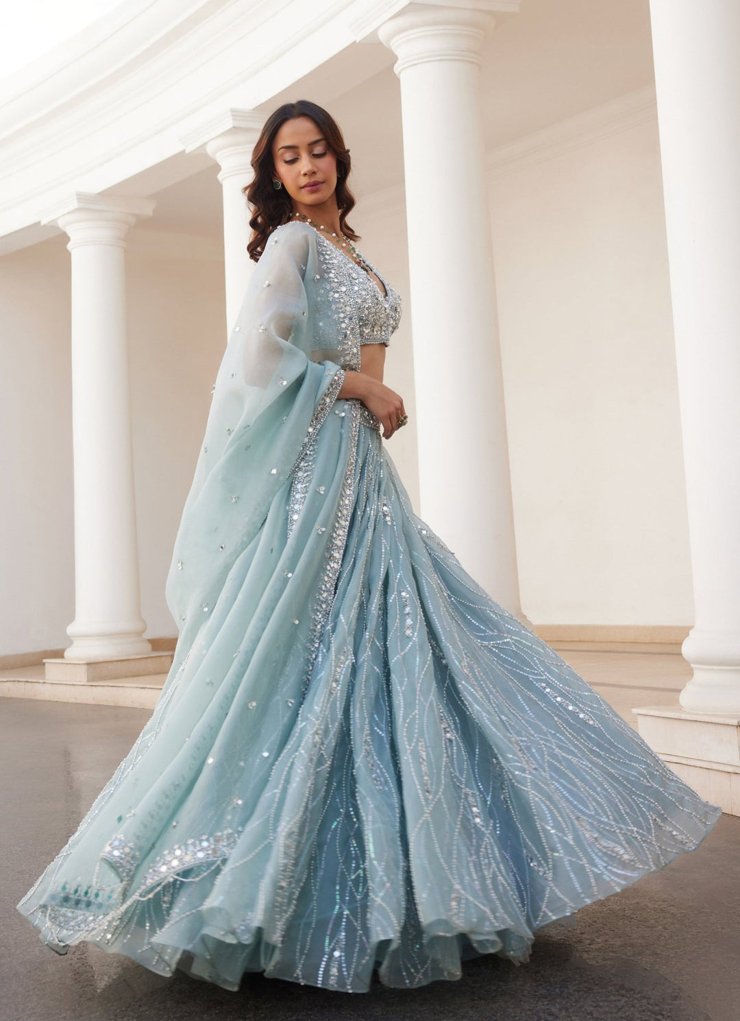 Powder Blue Mirror Embroidered Pure Silk Organza Lehenga Set Sanya Gulati - Fabilicious Fashion