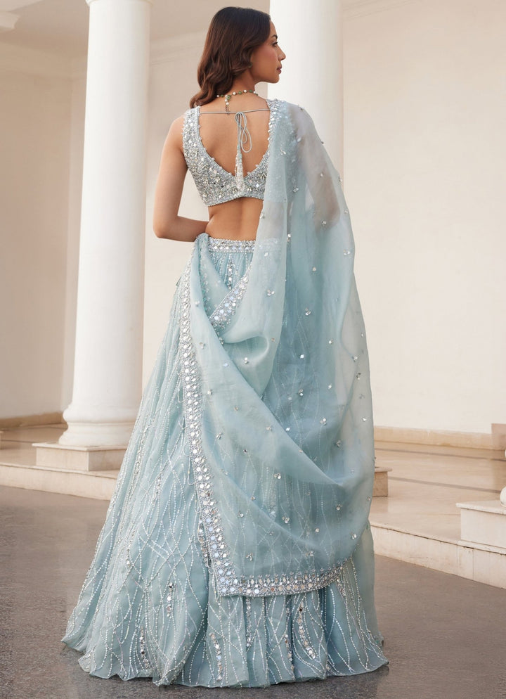 Powder Blue Mirror Embroidered Pure Silk Organza Lehenga Set Sanya Gulati - Fabilicious Fashion