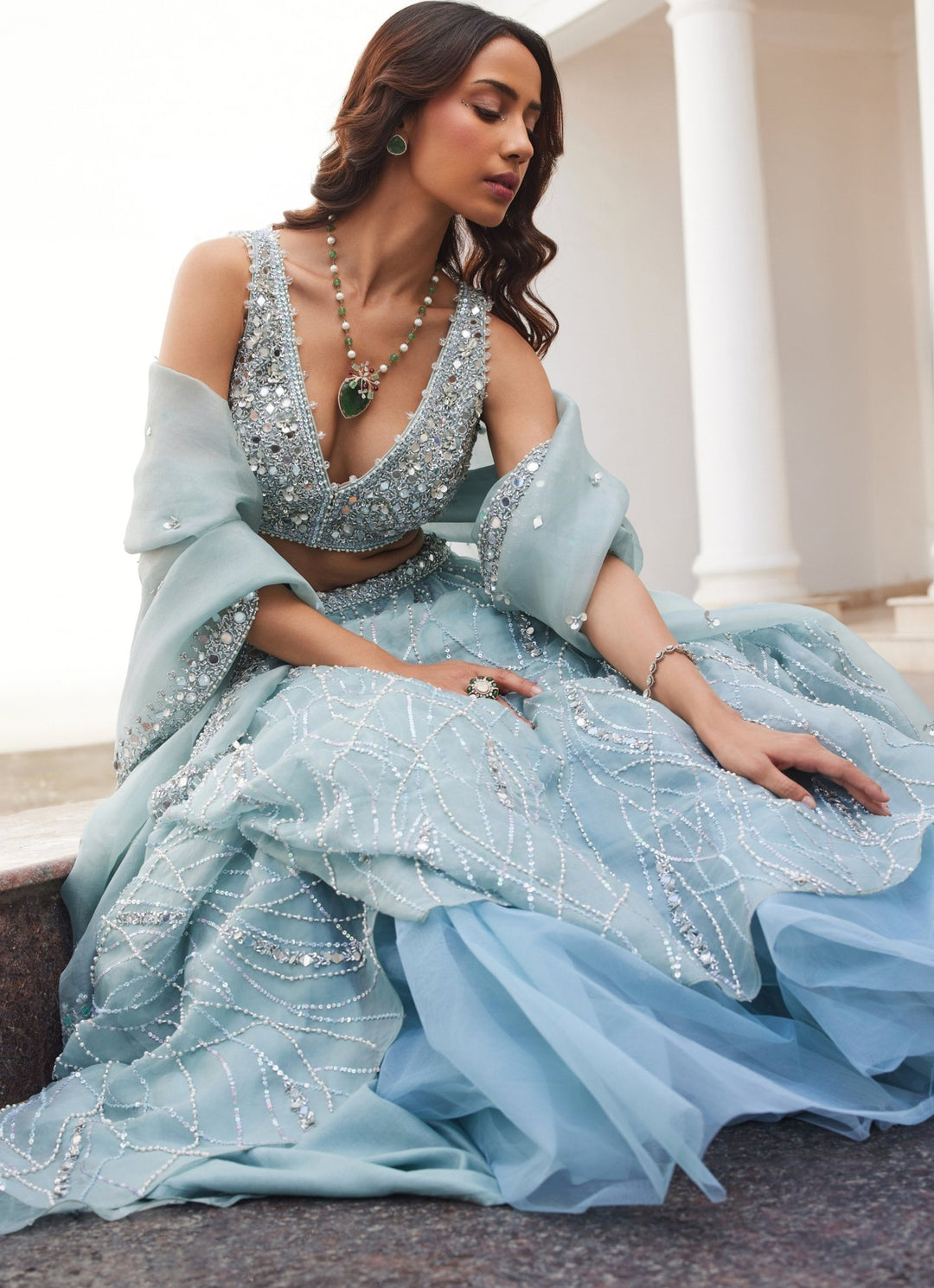 Powder Blue Mirror Embroidered Pure Silk Organza Lehenga Set Sanya Gulati - Fabilicious Fashion