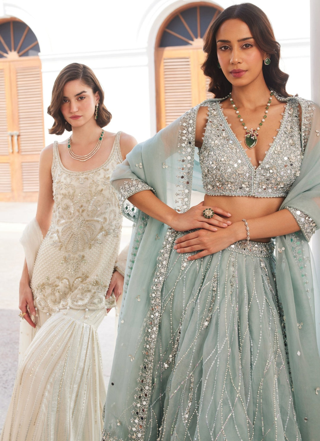 Powder Blue Mirror Embroidered Pure Silk Organza Lehenga Set Sanya Gulati - Fabilicious Fashion
