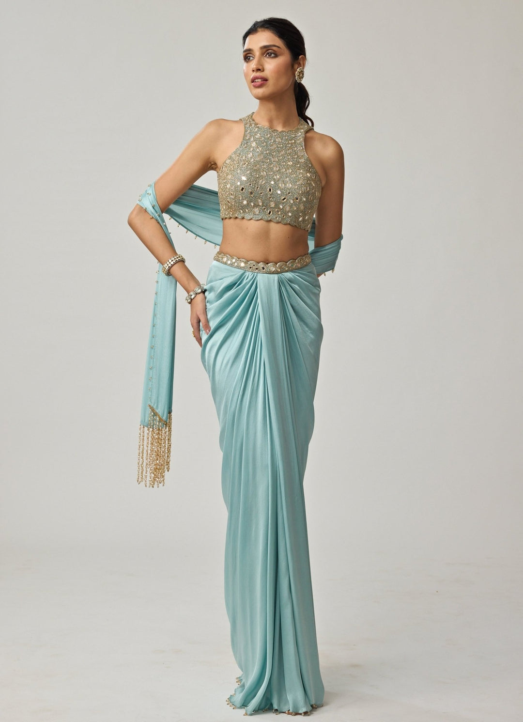 Powder Blue Mirror Embroidered Satin Draped Skirt Set Vvani by Vani Vats - Fabilicious Fashion