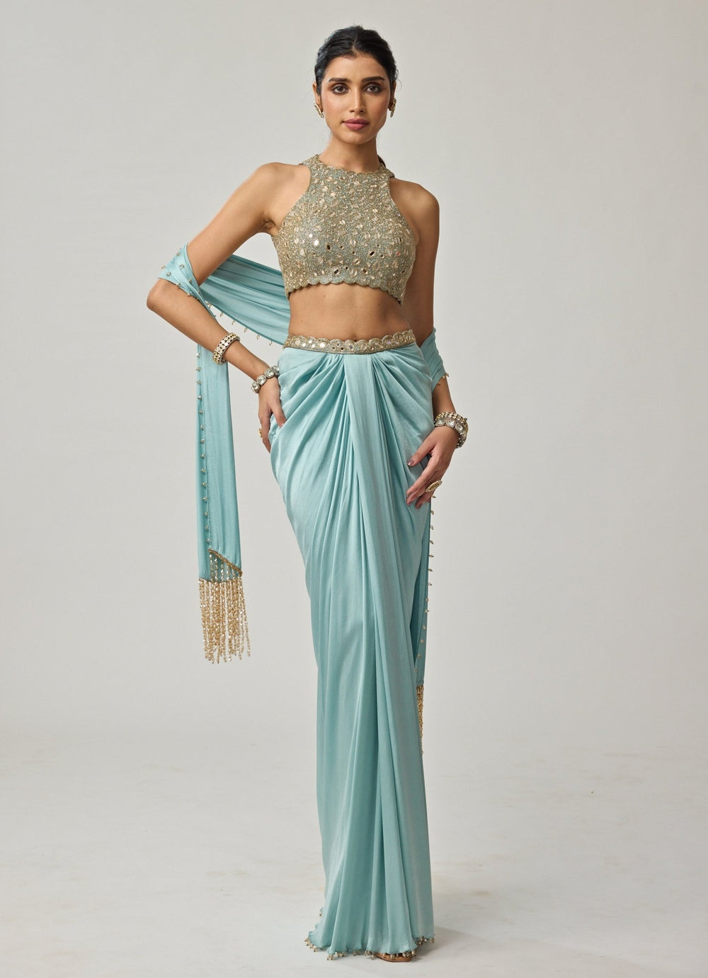 Powder Blue Mirror Embroidered Satin Draped Skirt Set Vvani by Vani Vats - Fabilicious Fashion