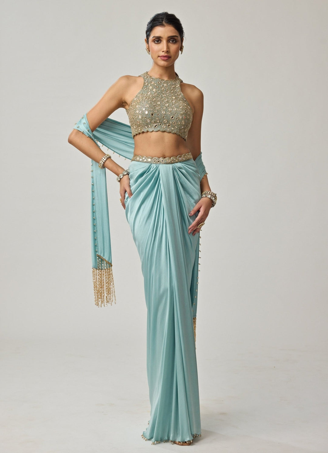 Powder Blue Mirror Embroidered Satin Draped Skirt Set Vvani by Vani Vats - Fabilicious Fashion