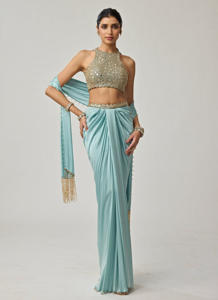 Powder Blue Mirror Embroidered Satin Draped Skirt Set Vvani by Vani Vats - Fabilicious Fashion
